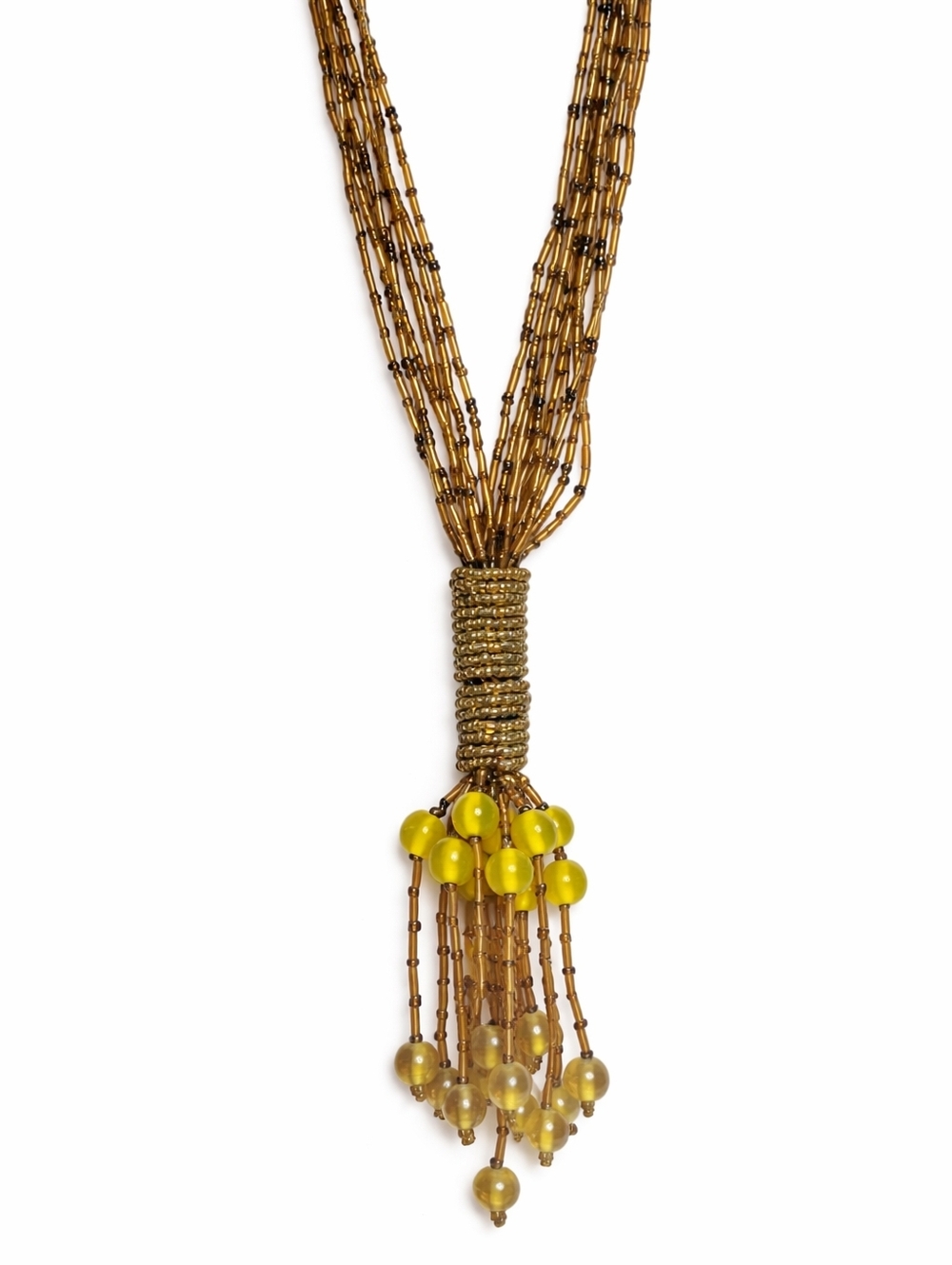 Vintage Amber Glass Bead Tassel Necklace Citrine Color Yellow Beaded Statement